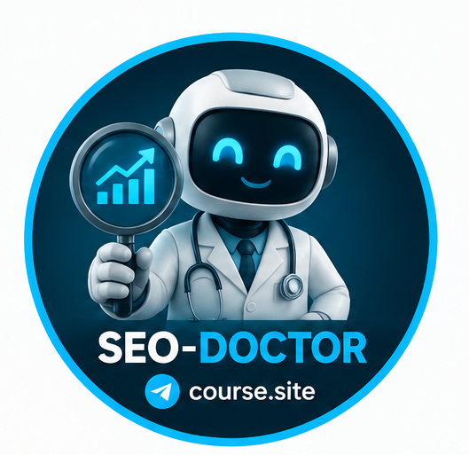 Робот-доктор с лупой и графиком роста — SEO Production Doctor